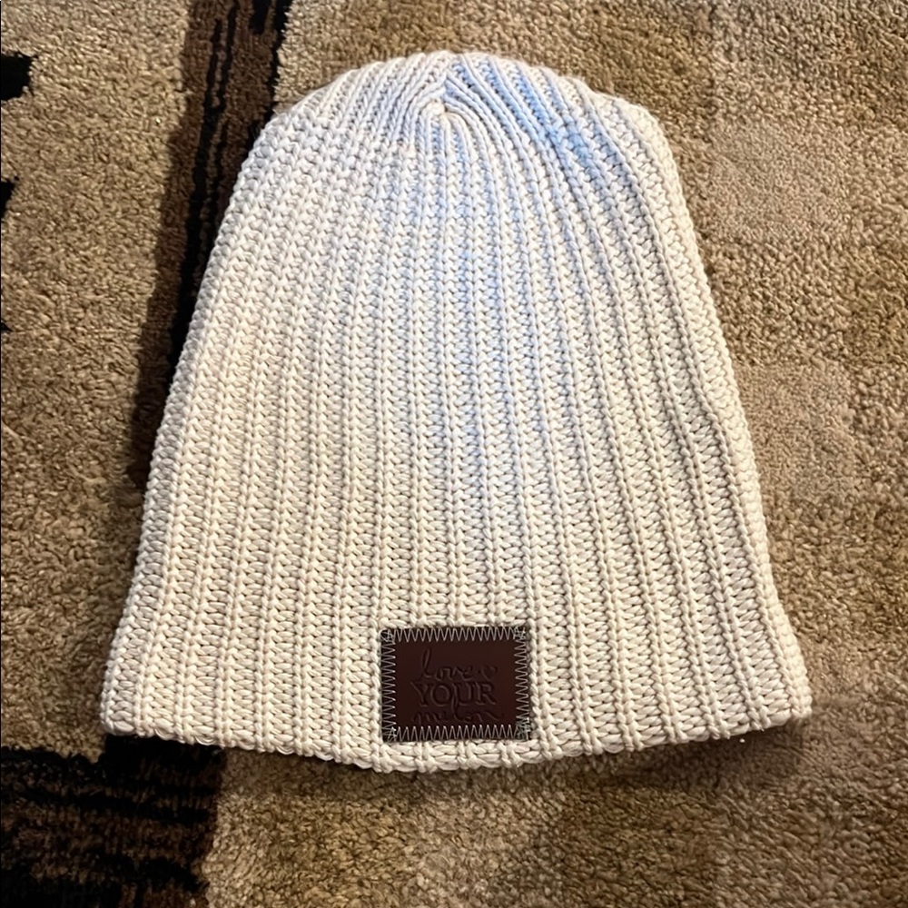 White Knit Beanie with Leather Patch